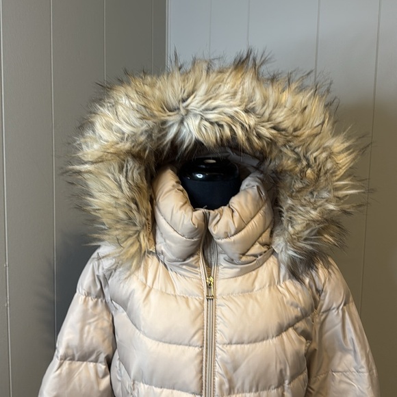C CALVIN KLEIN Women’s Large Hooded Shiny Blush Puffer Coat Faux Fur Trim - Picture 3 of 10